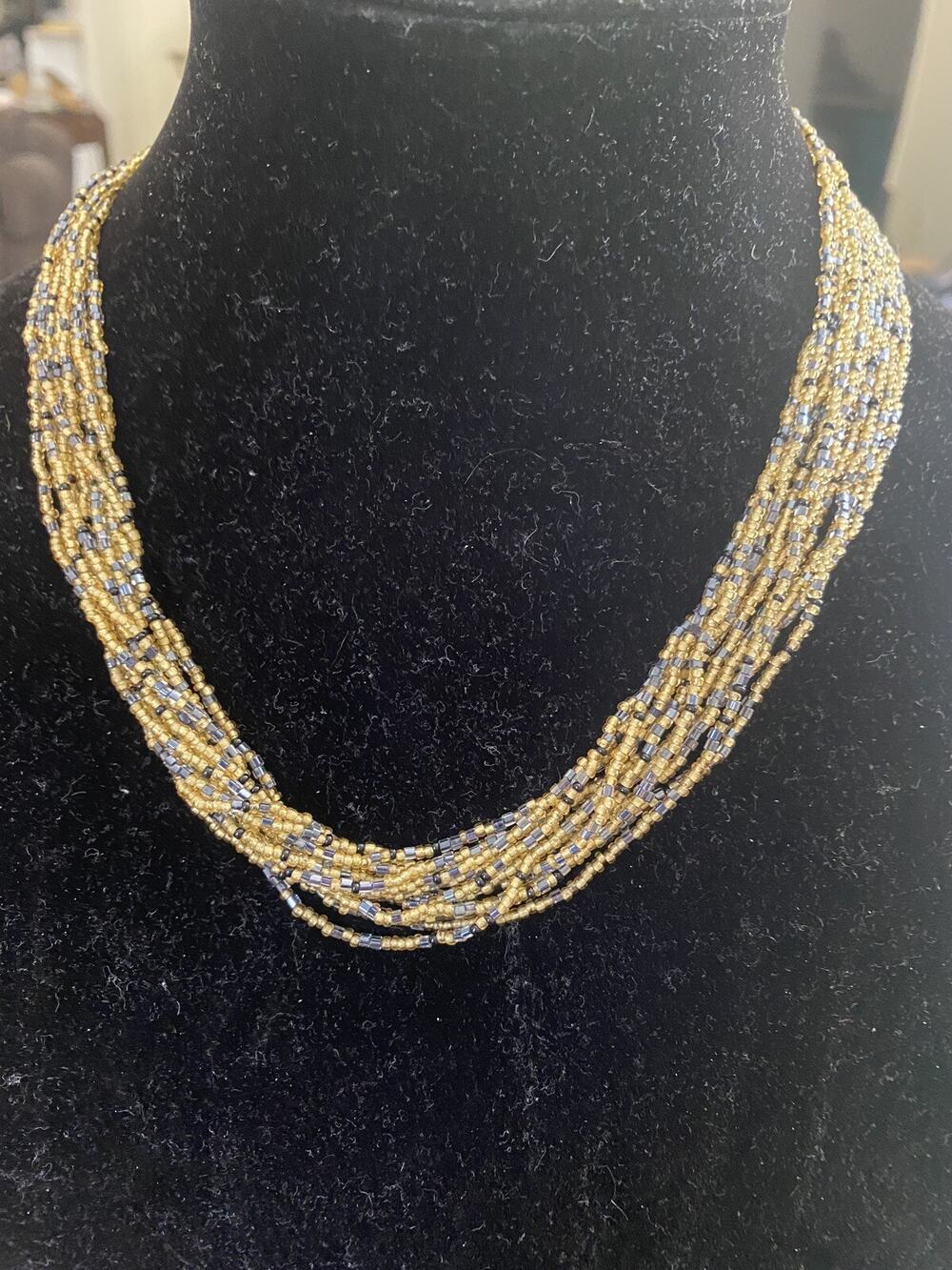 Seed Beaded Blue & Gold Vintage Necklace